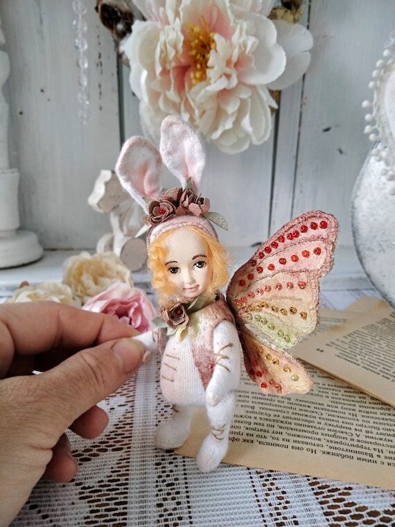 Miniature Teddy Doll Bunny with Butterfly Win...