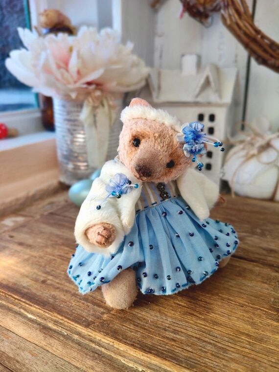 Artist Teddy Bear in Blue Dress - OOAK Dollho...