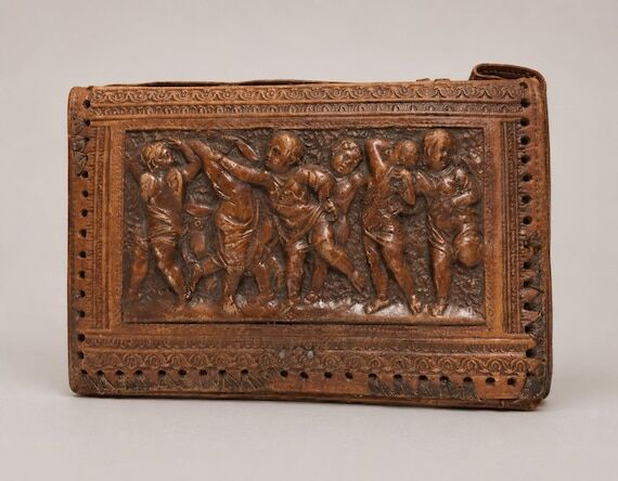 Antique leather bag handmade putti figure dec...