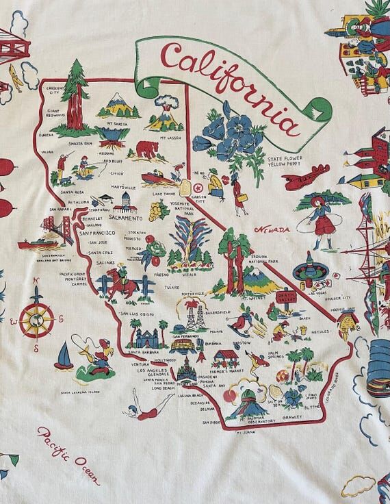 Vintage Printed California State Tablecloth ~...