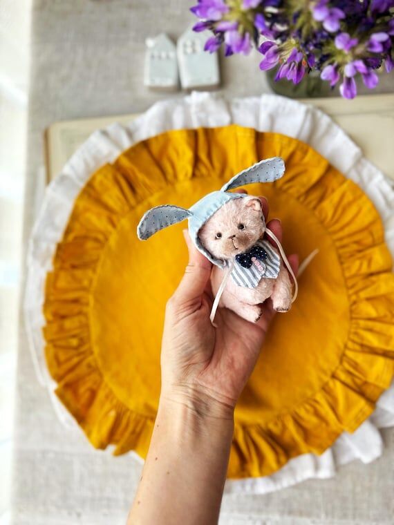 Handmade Viscose Teddy Bear with Bunny Cap, C...