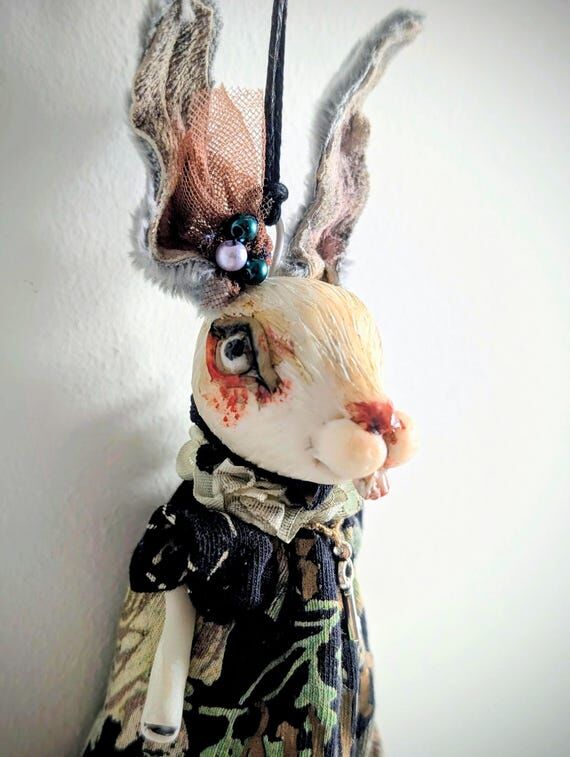 OOAK Gothic Rabbit Art Doll, Bunny Ornament -...