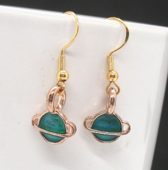 Tiny Saturn Planet Earrings with Gold Tone Po...