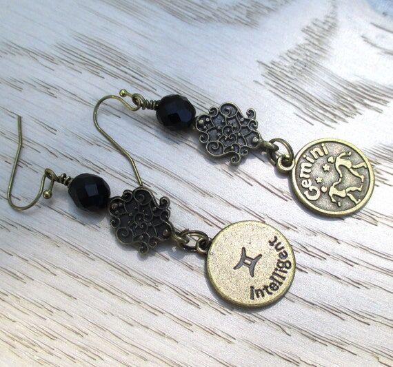 Gemini Twins Zodiac Earrings with Bronze Char...