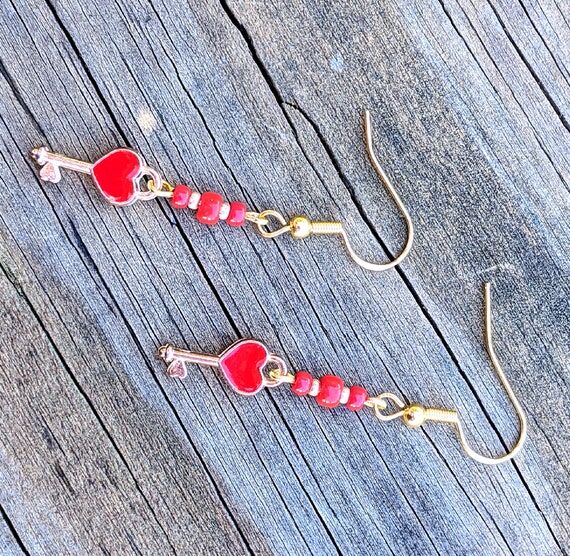 Tiny Red Heart Earrings with Heart Key Charms...