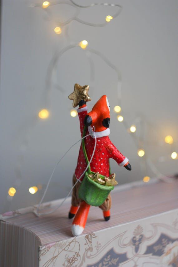 Fox with stars ornament OOAK handmade orange ...