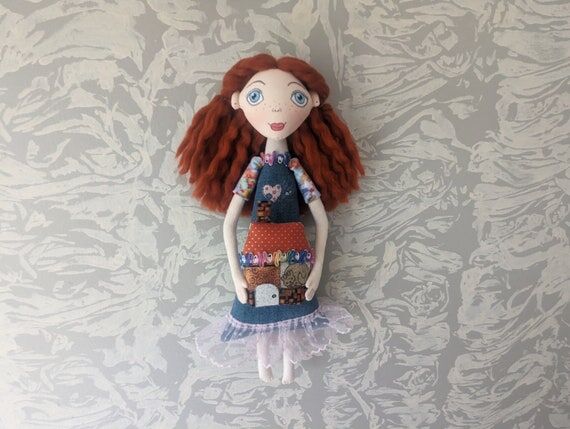 Handmade Red-Haired Fabric Doll in Denim Dres...