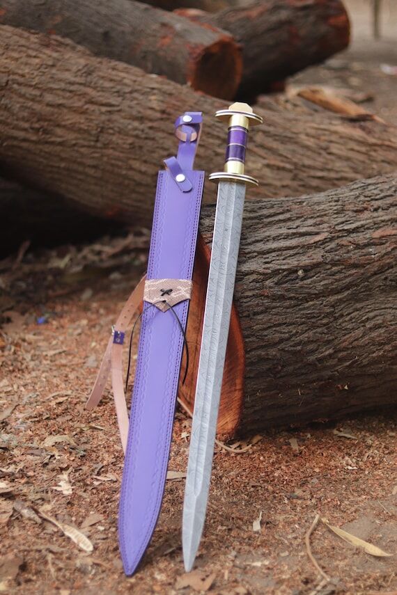 Handmade Damascus Steel Viking Sword, Amethys...
