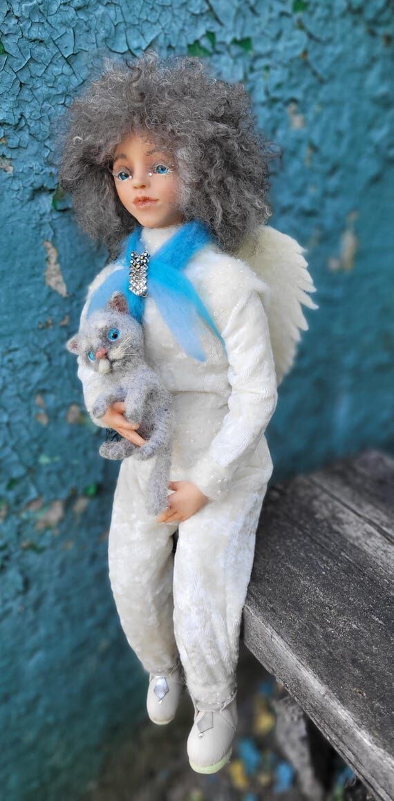 OOAK Angel Doll Romeo with Kitten – 35 cm H...