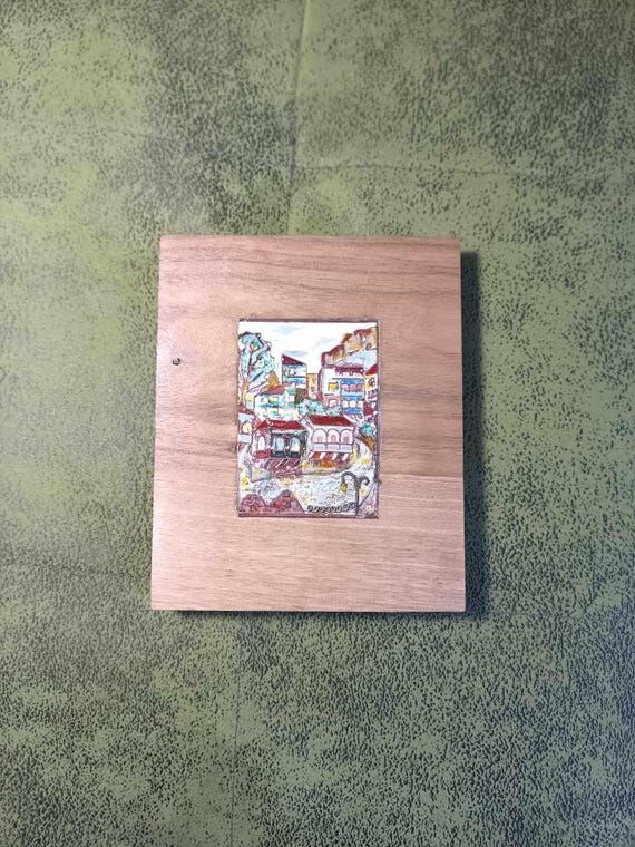 Hand-Painted Enamel Cityscape Art: Silver & C...
