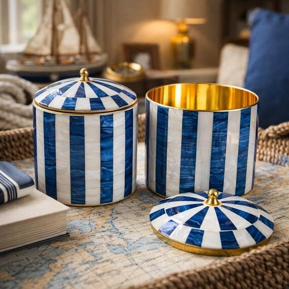 Blue and White Striped Ceramic Canister Set, ...