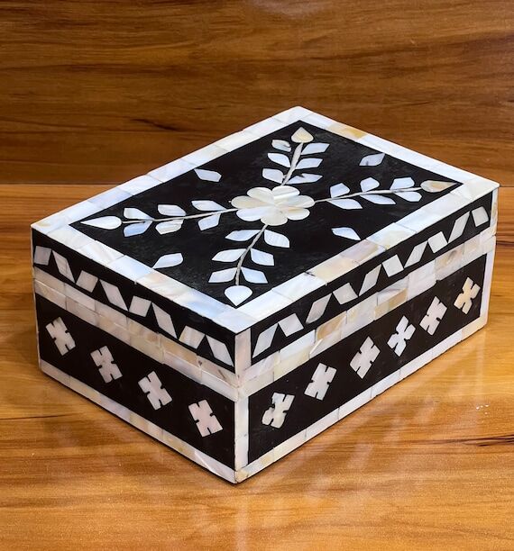 Floral Bone Inlay Box: Handmade Black & White...