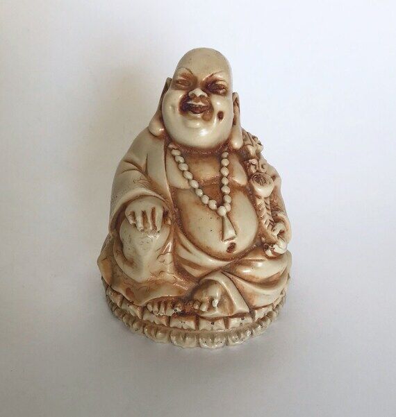 Antique Hand Carved Stone Hotei Okimono: Laug...