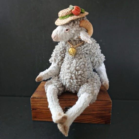 Handmade Textile Grey Sheep Art Doll, Whimsic...