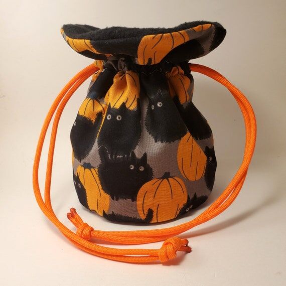 Handmade Pumpkin Black Cat Drawstring Dice Ba...