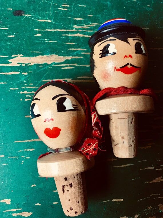 Vintage Hand Painted Wooden Couple Cork Bottl...