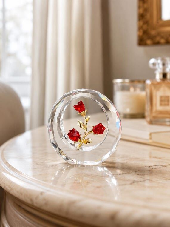 Crystal Rose Figurine, Glass Flower Ornament,...