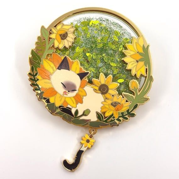 Sunflower Siamese Cat Shaker Enamel Pin - Li...