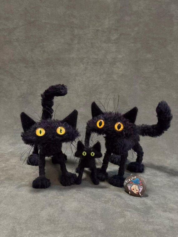 Handmade Mohair Black Cat Plush: Poseable Art...