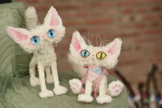 Handmade Mohair Cat Art Doll: OOAK Poseable P...