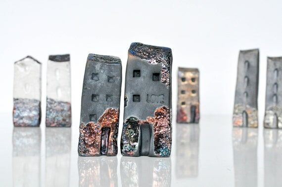 Raku Fired Ceramic Houses Set: Handmade Coppe...