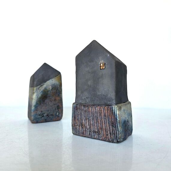 Raku Ceramic House Sculpture Abstract Black C...