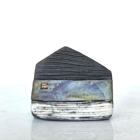 Raku Ceramic House Sculpture Blue Green Coppe...