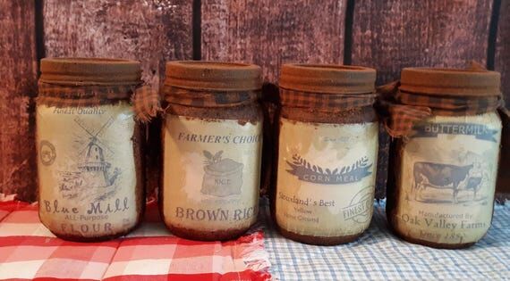 Set of 4 Primitive Grubby Farmhouse Pantry Fa...