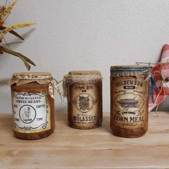 Set of (3) Jars Primitive Grubby Farmhouse Pa...