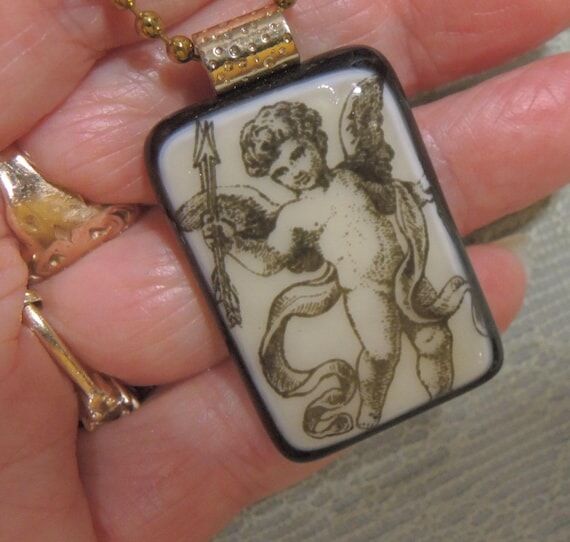 Glass Cherub Necklace, Black And White...