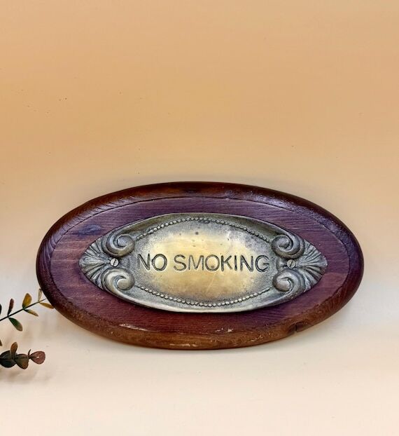 Vintage No Smoking sign, brass and wood hang...