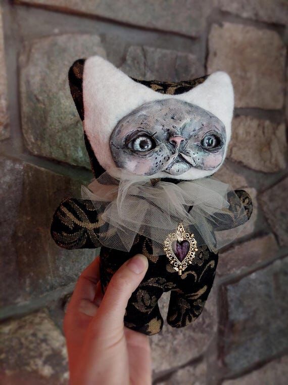 Gothic Cat Art Doll, One-of-a-Kind Clay Texti...