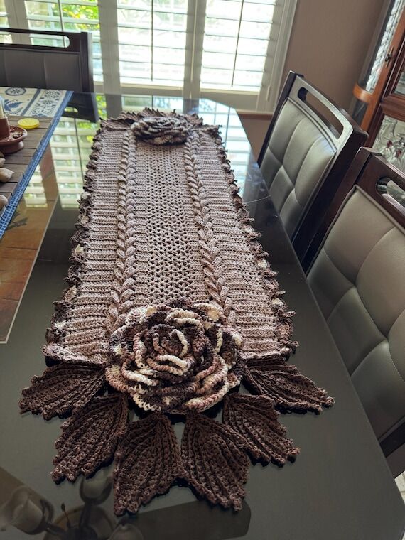 Handmade Crochet Table Runner: 3D Rose Design...