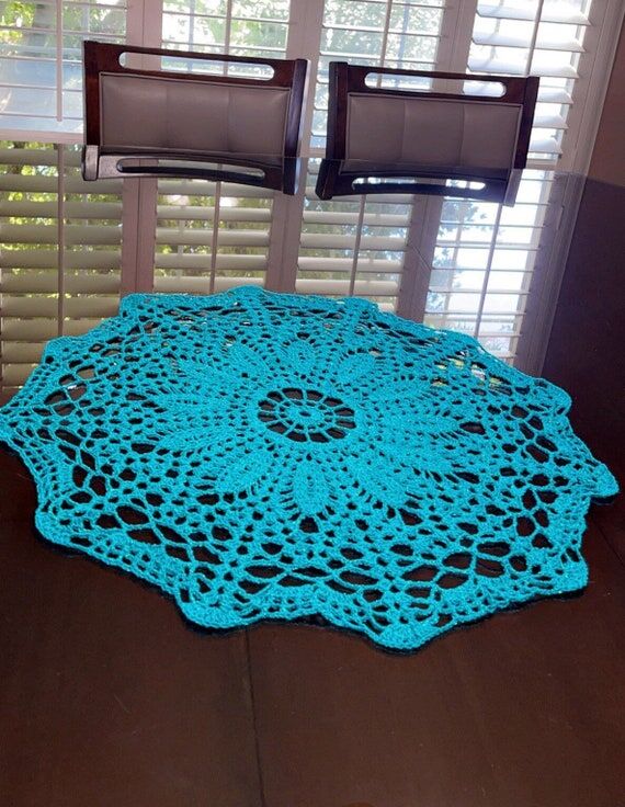 Large Blue Crochet Doily: Metallic Cristal Ya...