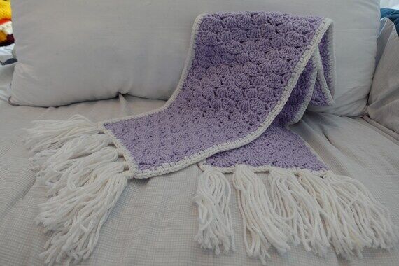 Handmade crochet lilac scarf with white edgin...