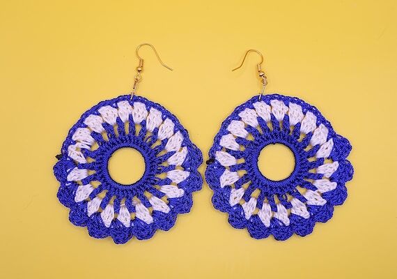 Handmade Crochet Blue and White Hoop Earrings...