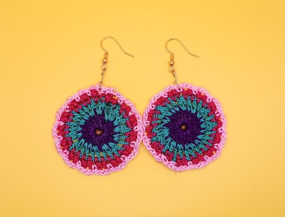 Colorful Crochet Circle Earrings – Handmade...