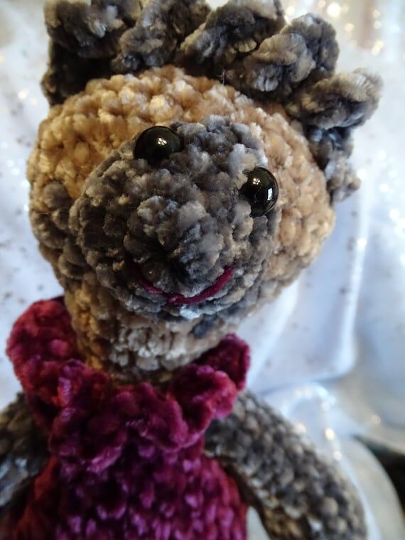 Handmade Crochet Velvet Alien Bear/Cat: Burgu...
