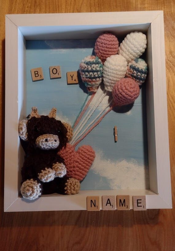 Handmade Crochet Highland Cow Baby Shadow Box...