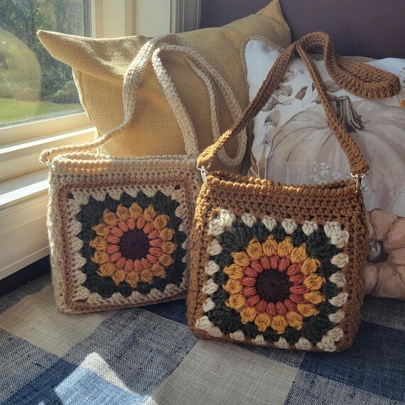 Crochet Sunflower Tote Bag, Granny Square Boh...