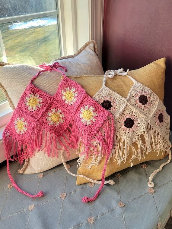 Crochet Flower Halter Top, Granny Square, Boh...