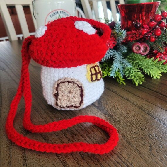 Crochet Mushroom Amigurumi Bag, Handmade Acry...