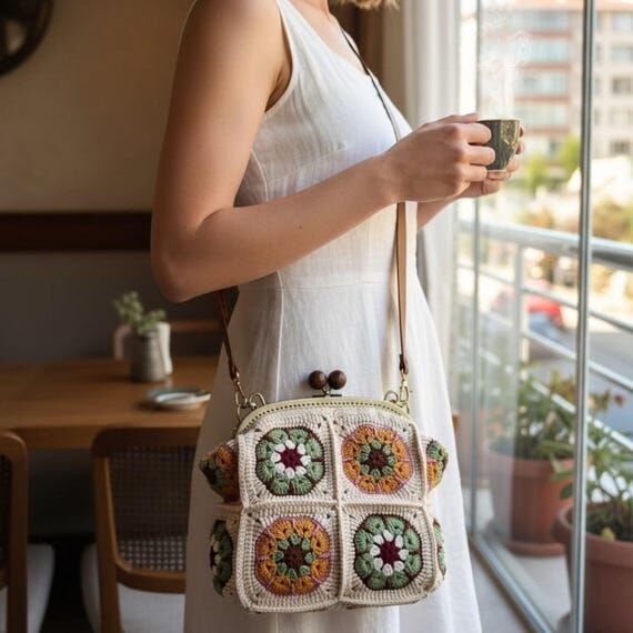 Beige Crochet Crossbody Bag, Autumn Colors, B...