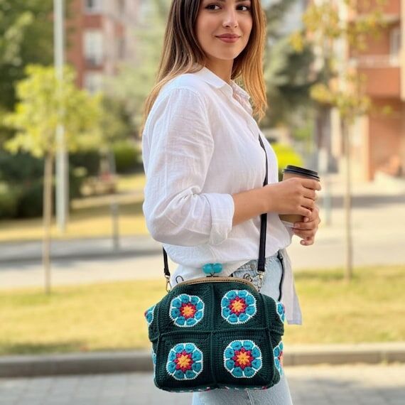 Handmade Granny Square Crochet Crossbody Purs...