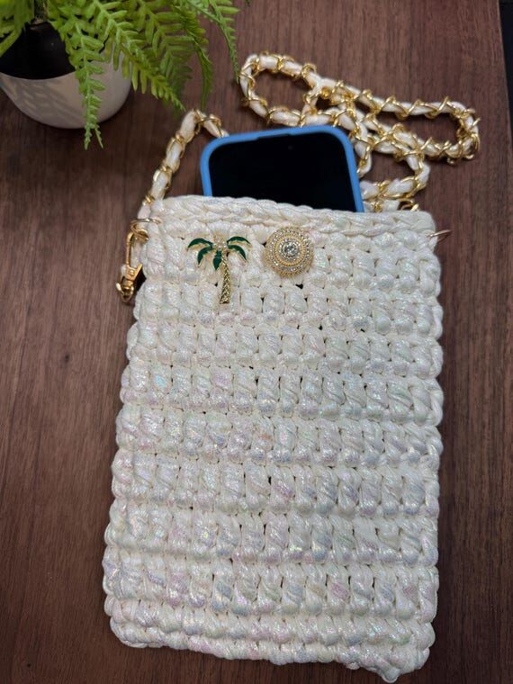 Handmade Crochet Phone Holder Bag | Pearl Whi...