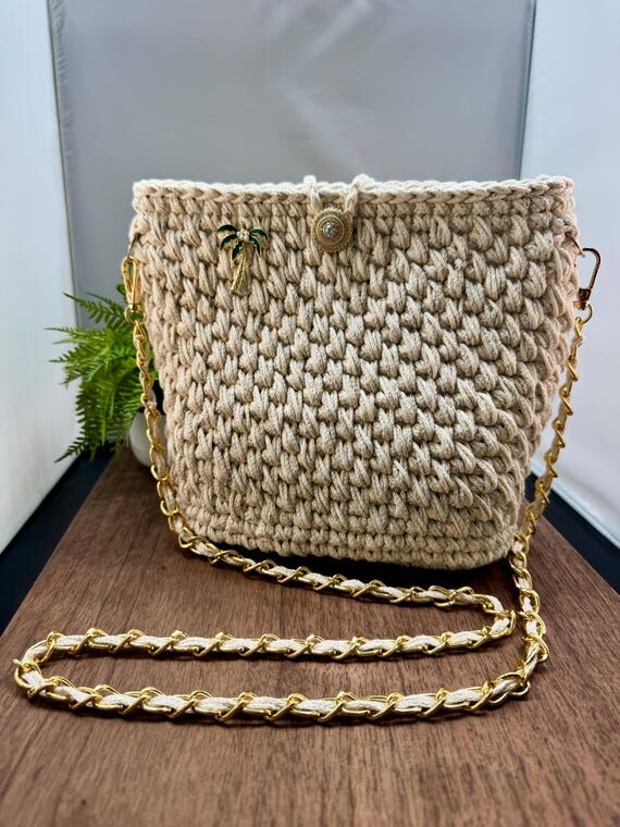 Handmade Crochet Cotton Crossbody Bag | Neutr...