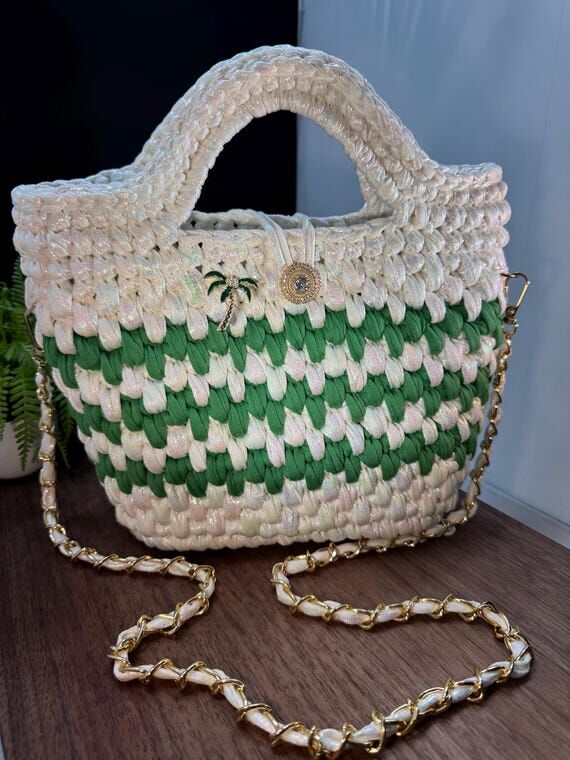 Handmade Crochet Tote Bag | Green & White Spa...