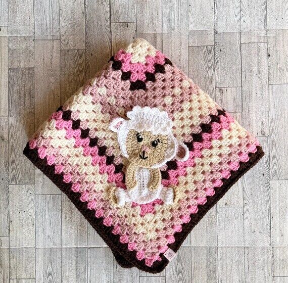 Crochet Baby Blanket, Pink Granny Square, Lam...