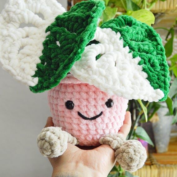 Sitting Monstera Crocheted Plushie with pot, ...