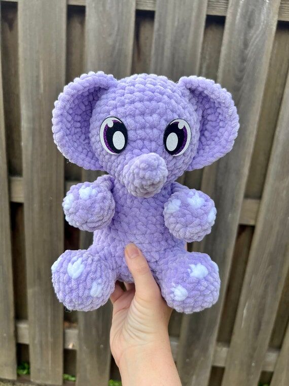 Crochet Elephant Plushie, Purple Chenille Yar...